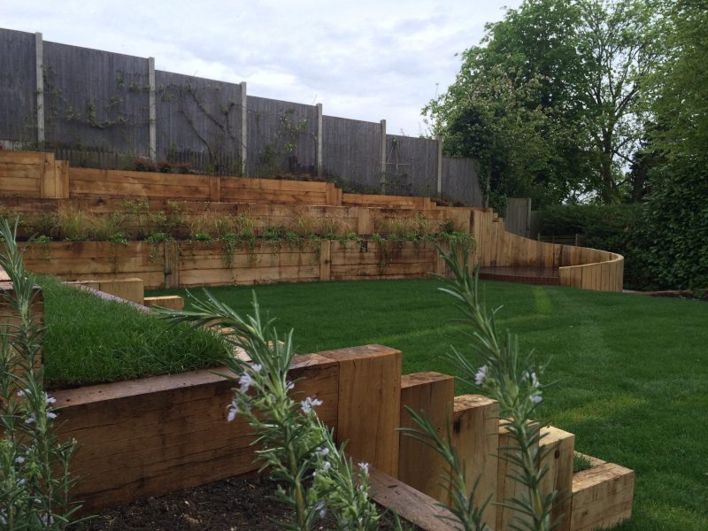 Garden steps leading down to level lawn area