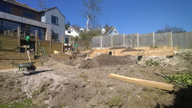 sloped garden in the process of being landscaped