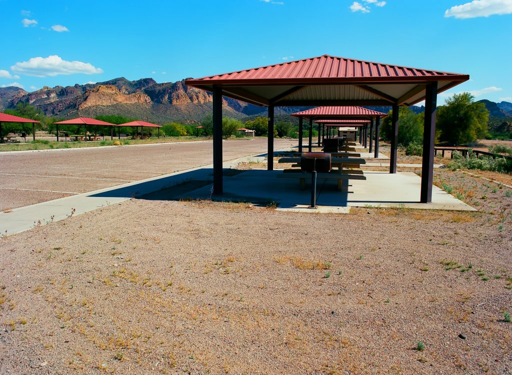 Ramadas protecting benches from the sun