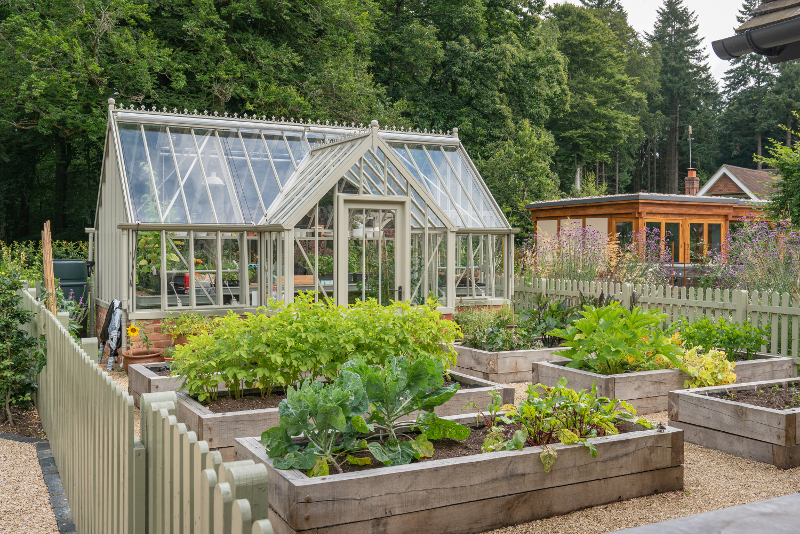 Raised vegetable beds and greenhouse